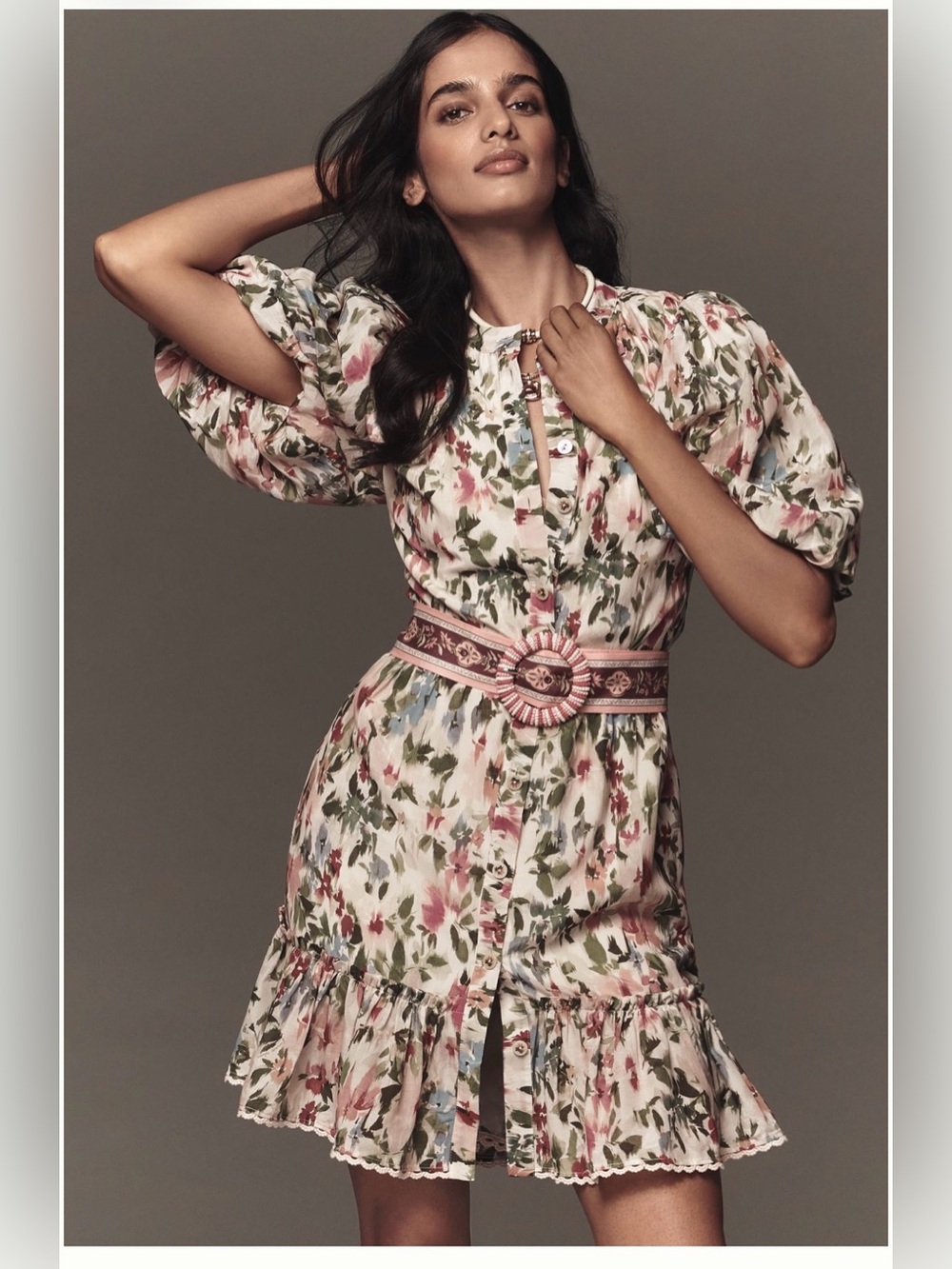 Lovery Grey Farm Rio Anthropologie Floral Pink Puff-Sleeve Mini Dress NWT S